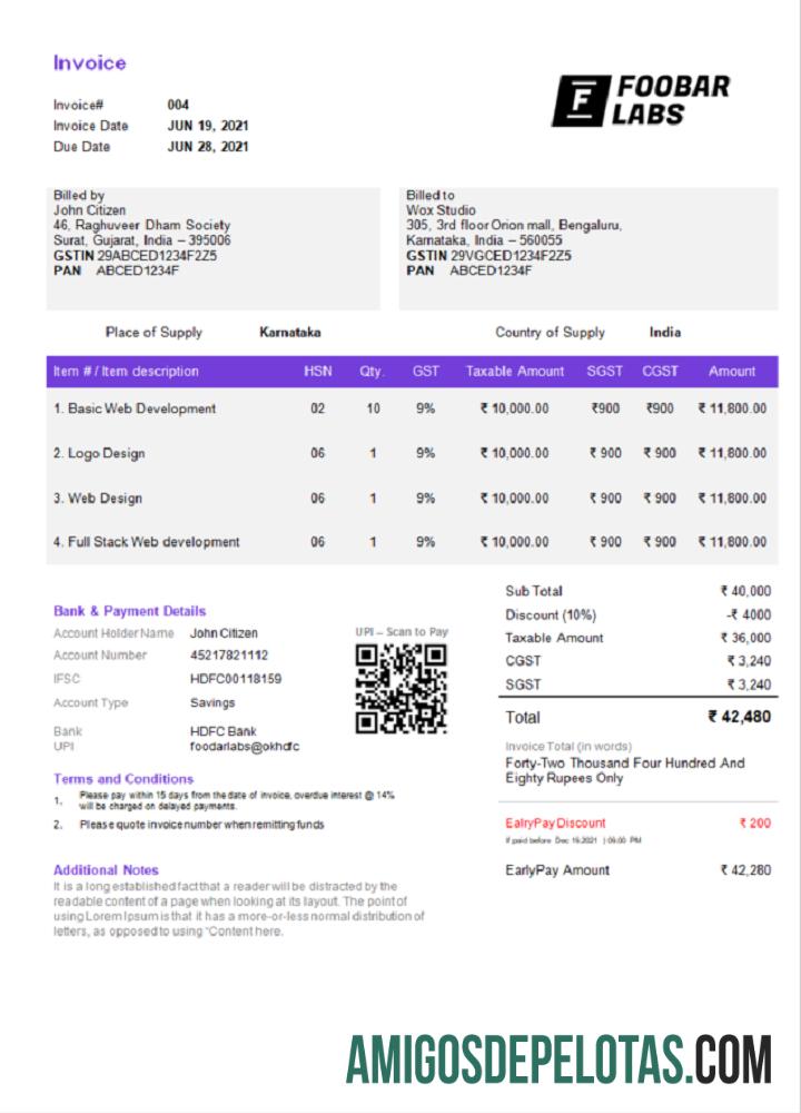 em branco Modelo de fatura de empresa de tecnologia da informação do India Foobar Labs em formato Word e PDF, totalmente editável, versão 2